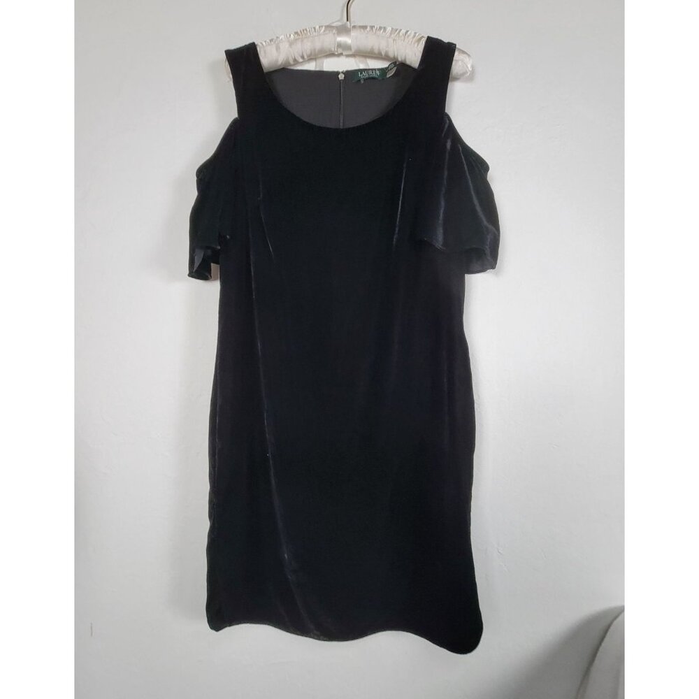 Lauren Ralph Lauren Womens Cold Shoulder Velvet Shift Dress Size 10 Black New